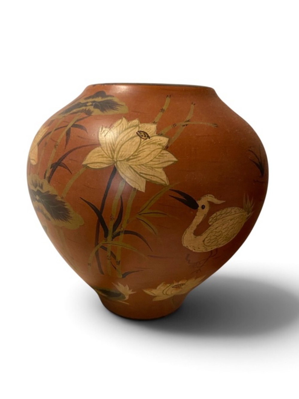 Hand-Painted Terracotta Floral & Bird Vase - Rustic Orange